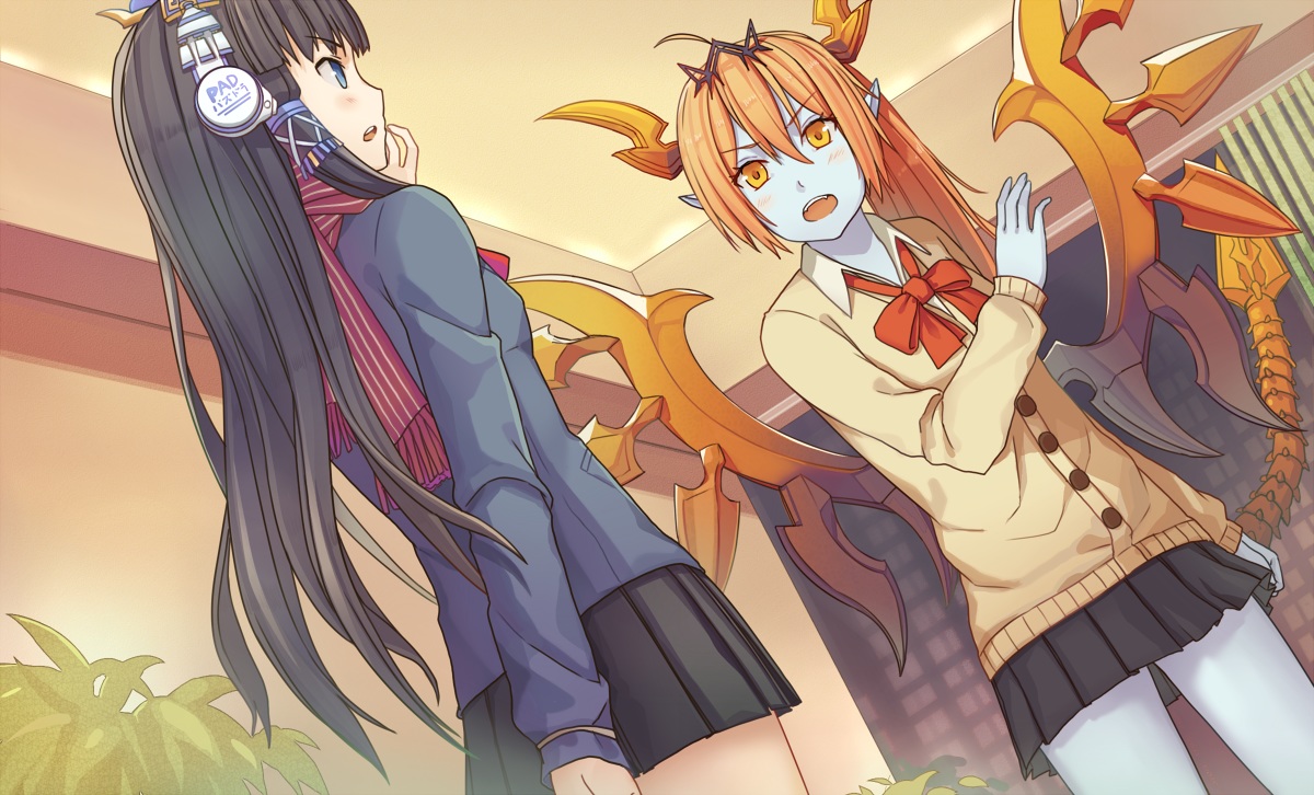 2girls, black_hair, blue_eyes, bow, headphones, hera_(p&d), horns, isis_(p&d)