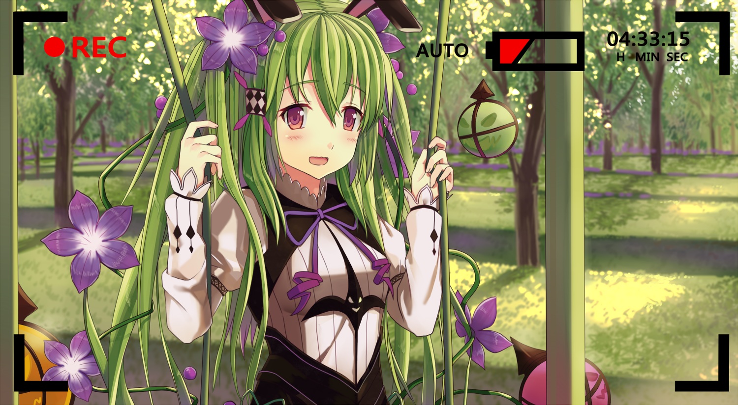 aliasing, alraune_(p&d), blush, camera, flowers, forest, green, green_hair