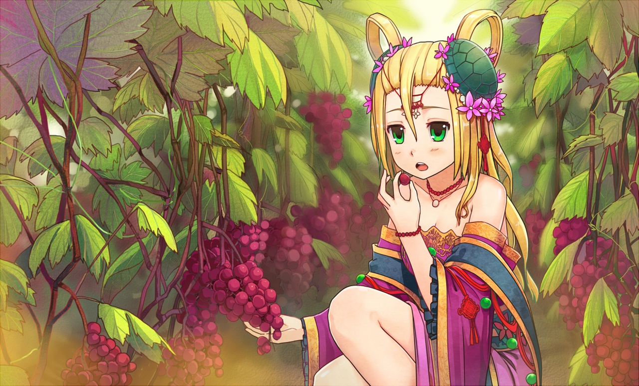 blonde_hair, chinese_clothes, food, fruit, green, green_eyes, headdress, leaves