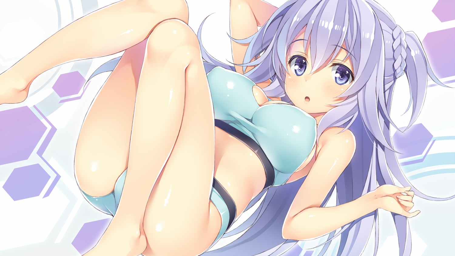 barefoot, blue_eyes, blue_hair, breasts, cleavage, erect_nipples, gakusen_toshi_asterisk, long_hair, sideboob, toudou_kirin, yuuki_hagure