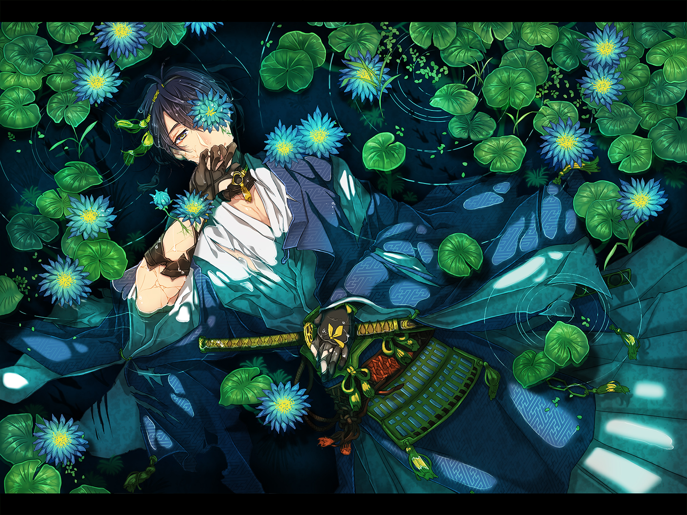 all_male, anthropomorphism, black_hair, flowers, gloves, green, japanese_clothes, katana, leaves, male, mikazuki_munechika, nokaku, short_hair, sword, torn_clothes, touken_ranbu, water, weapon