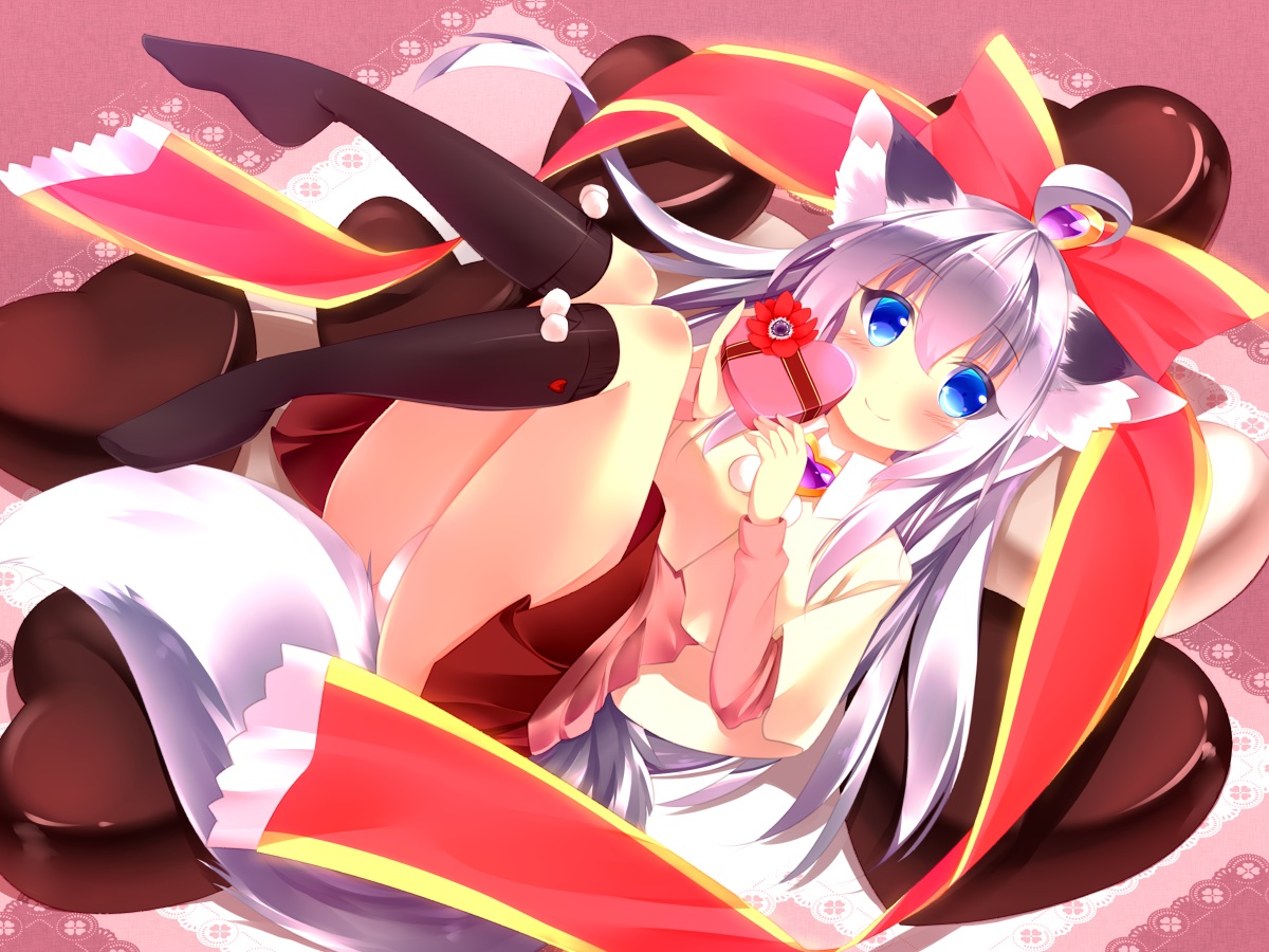 animal_ears, aqua_eyes, autumn_dawn, blush, candy, chocolate, foxgirl, gray_hair, kneehighs, long_hair, original, panties, ribbons, tail, underwear, valentine