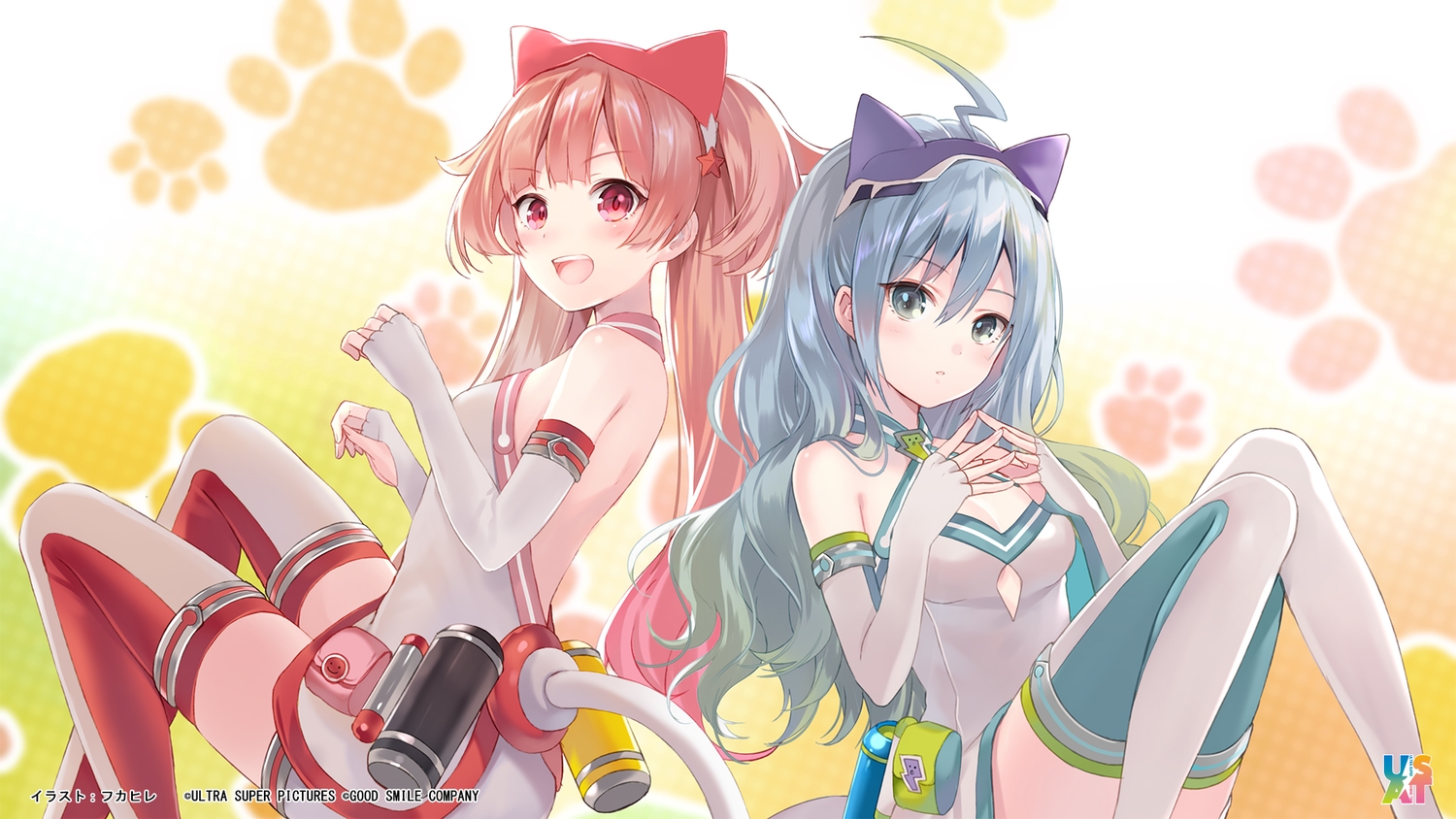 2girls, animal_ears, blue_hair, breasts, catgirl, cleavage, fukahire_sanba, gray_eyes, headband, long_hair, no_bra, pink_eyes, pink_hair, sumako_(ultra_super_anime_time), supika_(ultra_super_anime_time), tail, thighhighs, twintails, ultra_super_anime_time, watermark, zettai_ryouiki