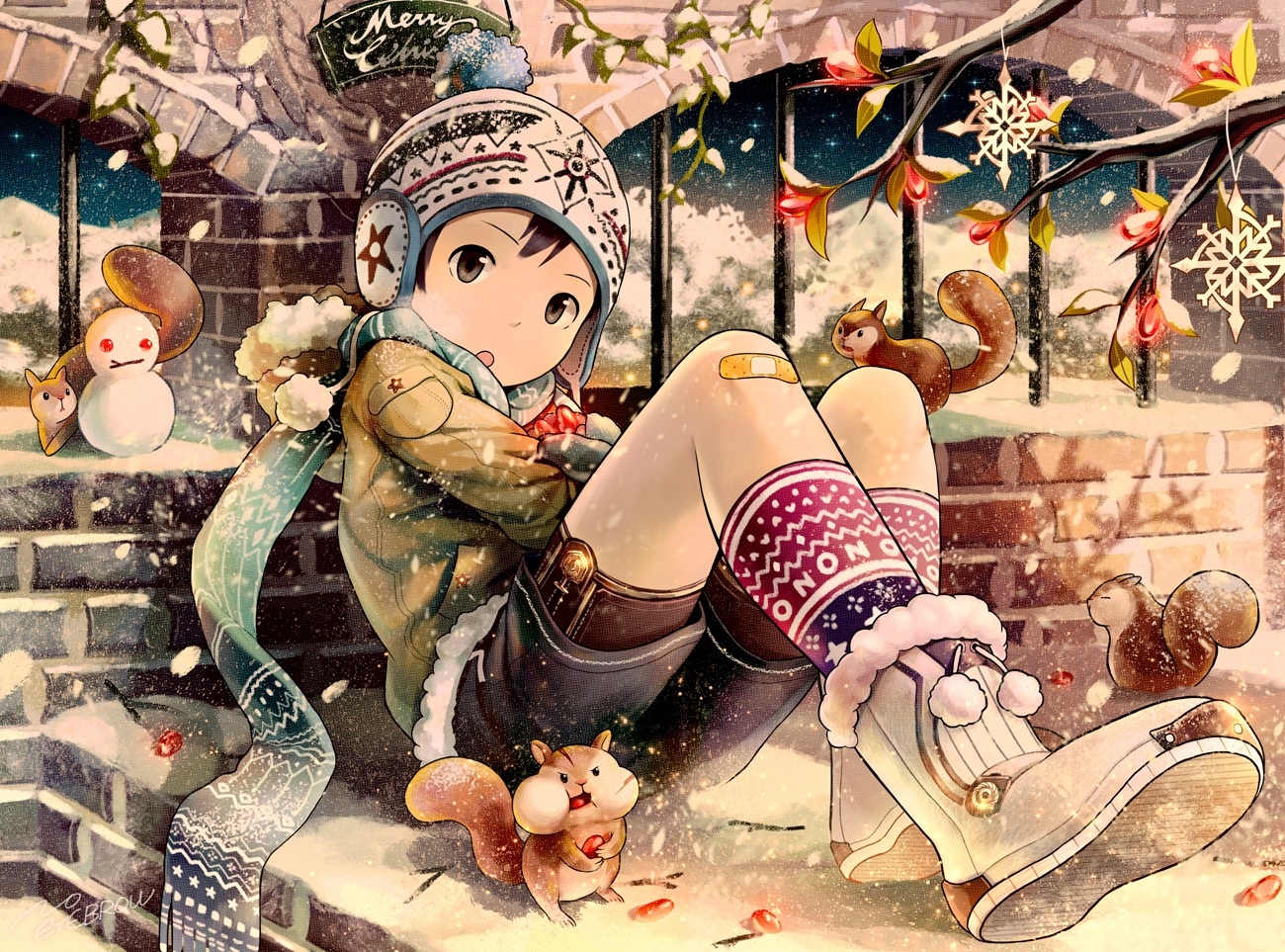 all_male, animal, bandaid, black_hair, boots, christmas, gray_eyes, hat