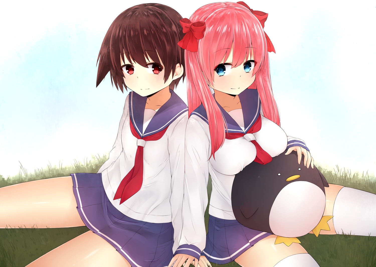 2girls, blue_eyes, bow, breasts, brown_hair, haramura_nodoka, hoshimiya_aki, long_hair