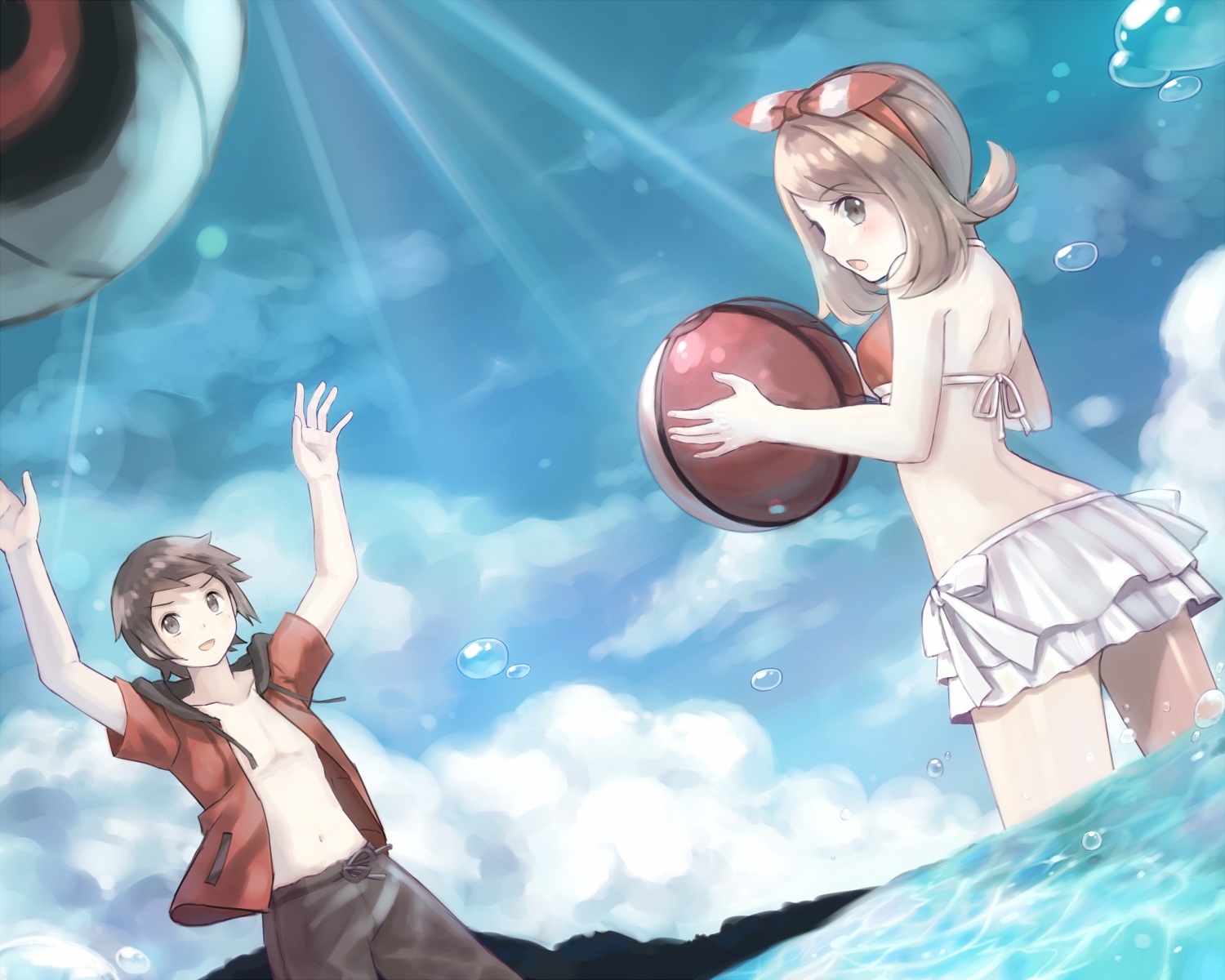 ball, bikini, blush, brown_eyes, brown_hair, green_eyes, haruka_(pokemon), male, navel, open_shirt, pokemon, swimsuit, usanoha, water, yuuki_(pokemon)