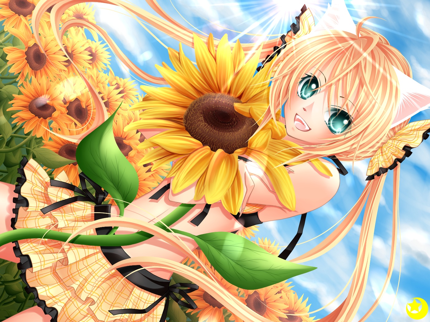 animal_ears, aqua_eyes, blonde_hair, catgirl, flowers, long_hair, mizuki, original, skirt, twintails