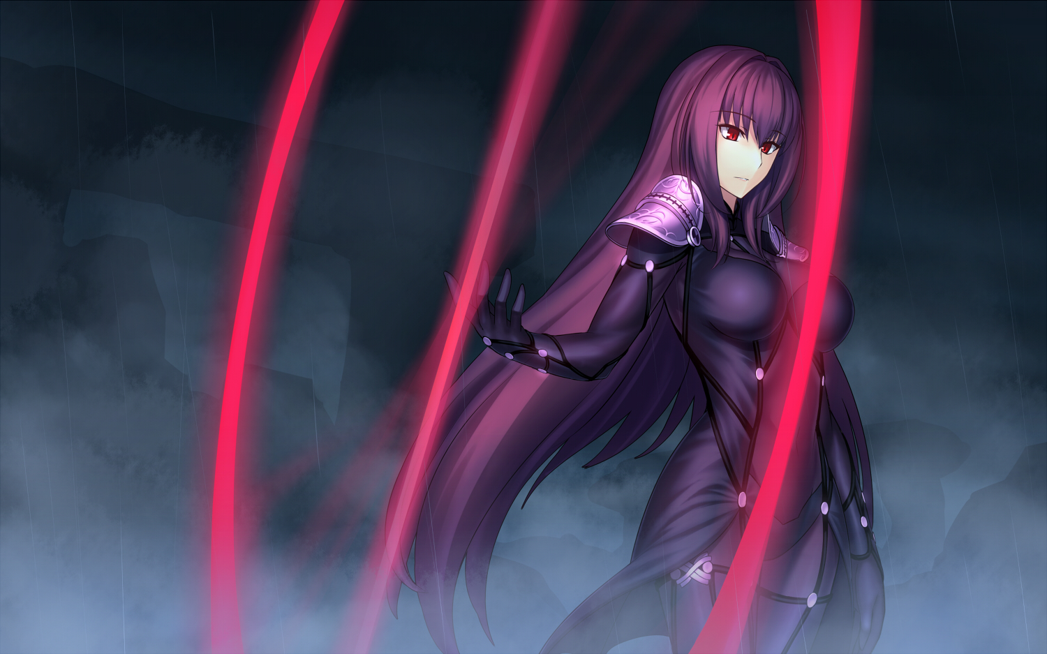 armor, bodysuit, fate/grand_order, fate_(series), fate/stay_night, kotera_ryou, long_hair, purple_hair, red_eyes, scathach_(fate/grand_order)