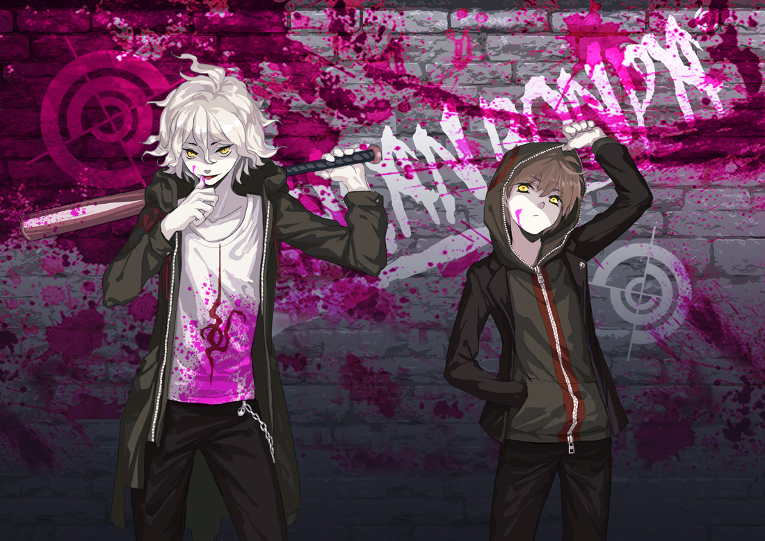 all_male, baseball_bat, blood, brown_hair, dangan-ronpa, hood, komaeda_nagito, male