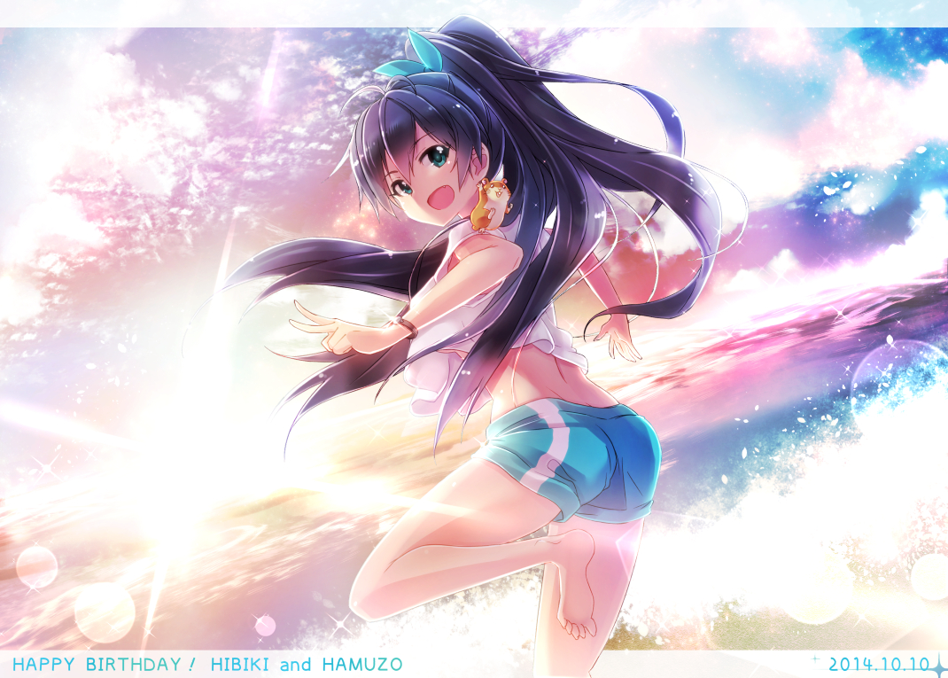 black_hair, clouds, ganaha_hibiki, green_eyes, hamuzou, idolmaster, ima_(lm_ew), long_hair