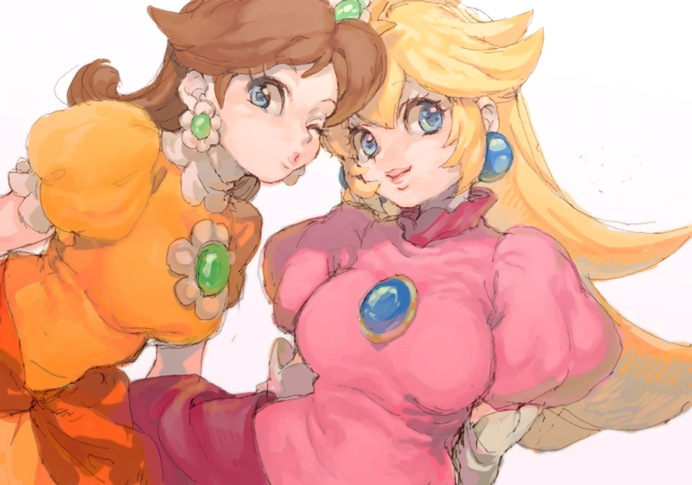 2girls, blonde_hair, blue_eyes, brown_hair, crown, dress, elbow_gloves, gloves