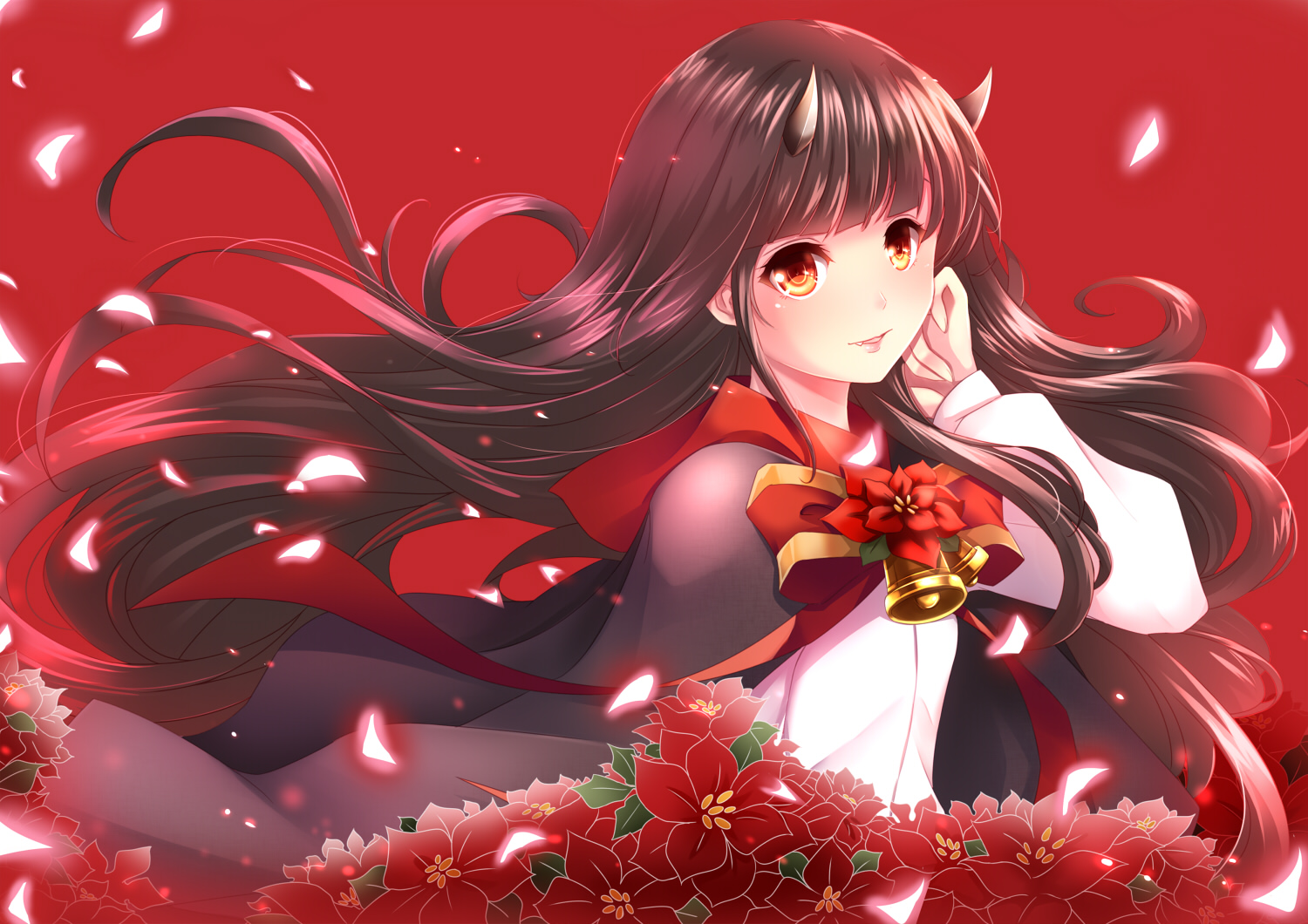 aata1007, bell, bow, brown_hair, cape, christmas, demon, fang