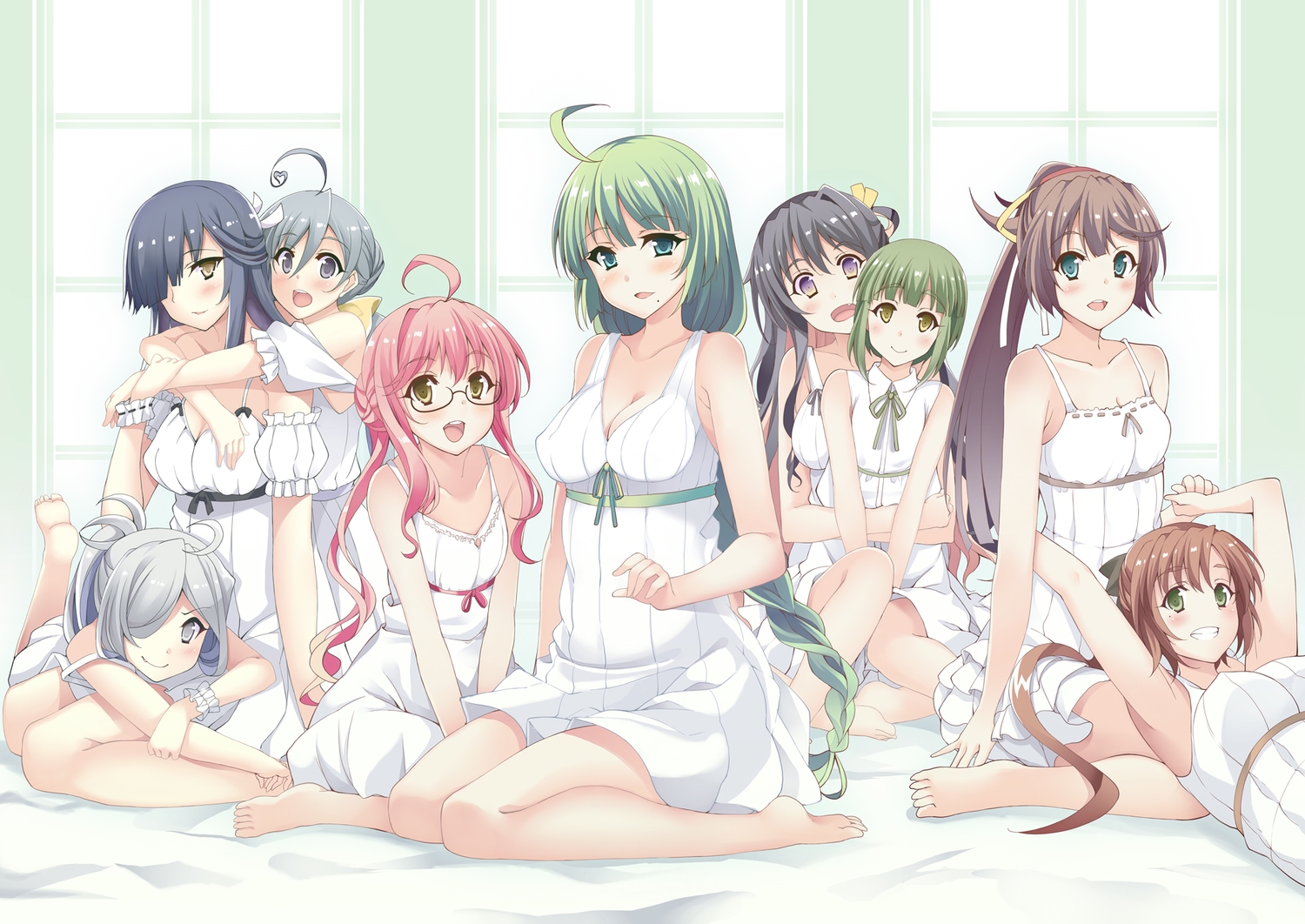 akigumo_(kancolle), anthropomorphism, aqua_eyes, asashimo_(kancolle), black_hair, blush, breasts, brown_eyes, brown_hair, cleavage, fang, glasses, gray_eyes, gray_hair, green_eyes, green_hair, group, hayashimo_(kancolle), hug, kantai_collection, kazagumo_(kancolle), kusano_(torisukerabasu), long_hair, makigumo_(kancolle), naganami_(kancolle), no_bra, pink_hair, ponytail, purple_eyes, ribbons, short_hair, takanami_(kancolle), wristwear, yellow_eyes, yuugumo_(kancolle)