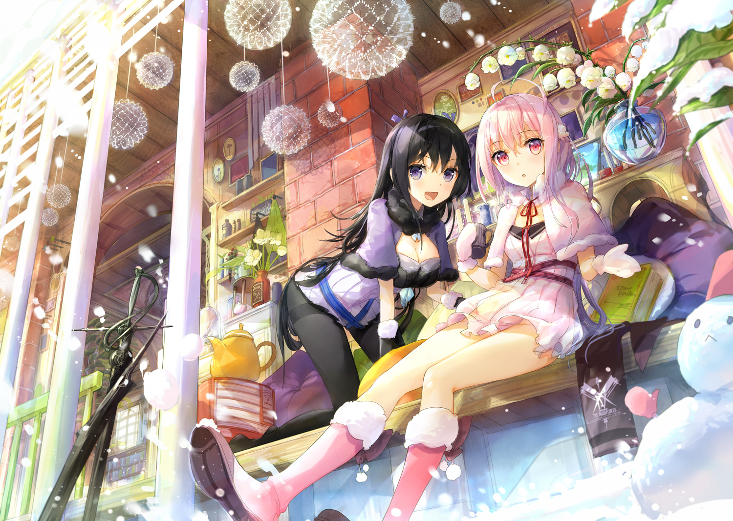 2girls, black_hair, blue_eyes, book, boots, breasts, cape, cleavage