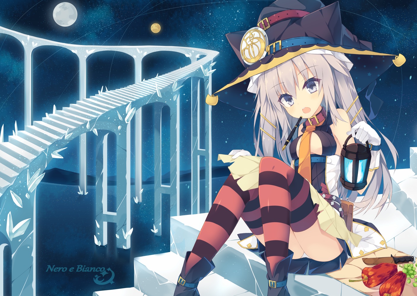aliasing, animal_ears, boots, collar, food, fruit, gray_eyes, gray_hair