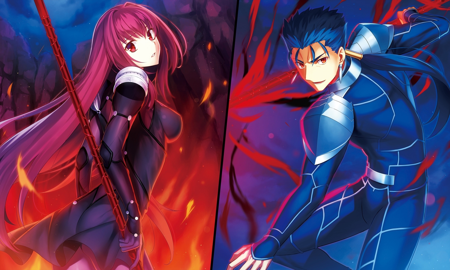 armor, blue_hair, cu_chulainn, fate/grand_order, fate_(series), fate/stay_night, fire, fuyuki_(neigedhiver), long_hair, male, ponytail, purple_hair, red_eyes, scathach_(fate/grand_order), skintight, spear, weapon