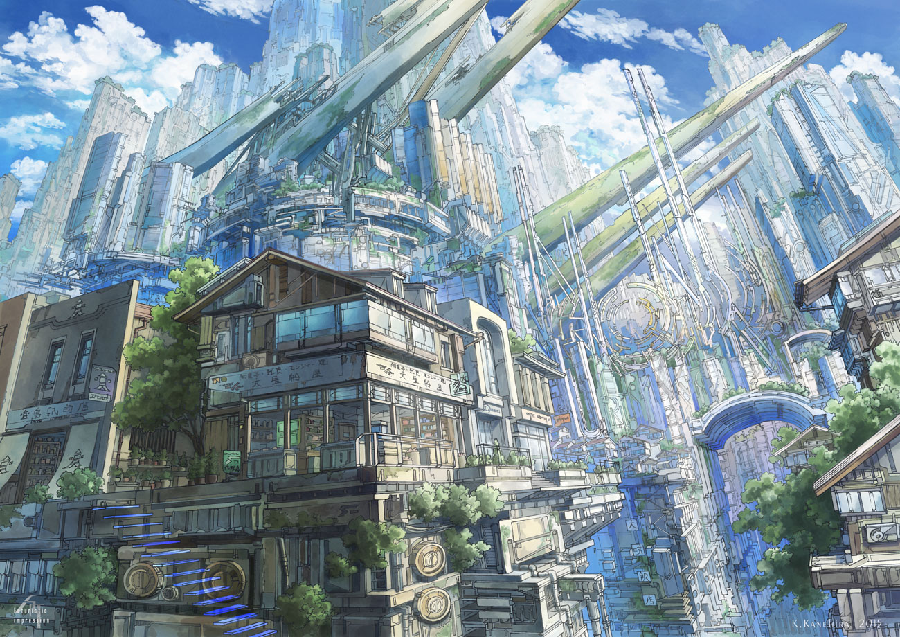 building, city, clouds, k_kanehira, no_humans, original, scenic, sky
