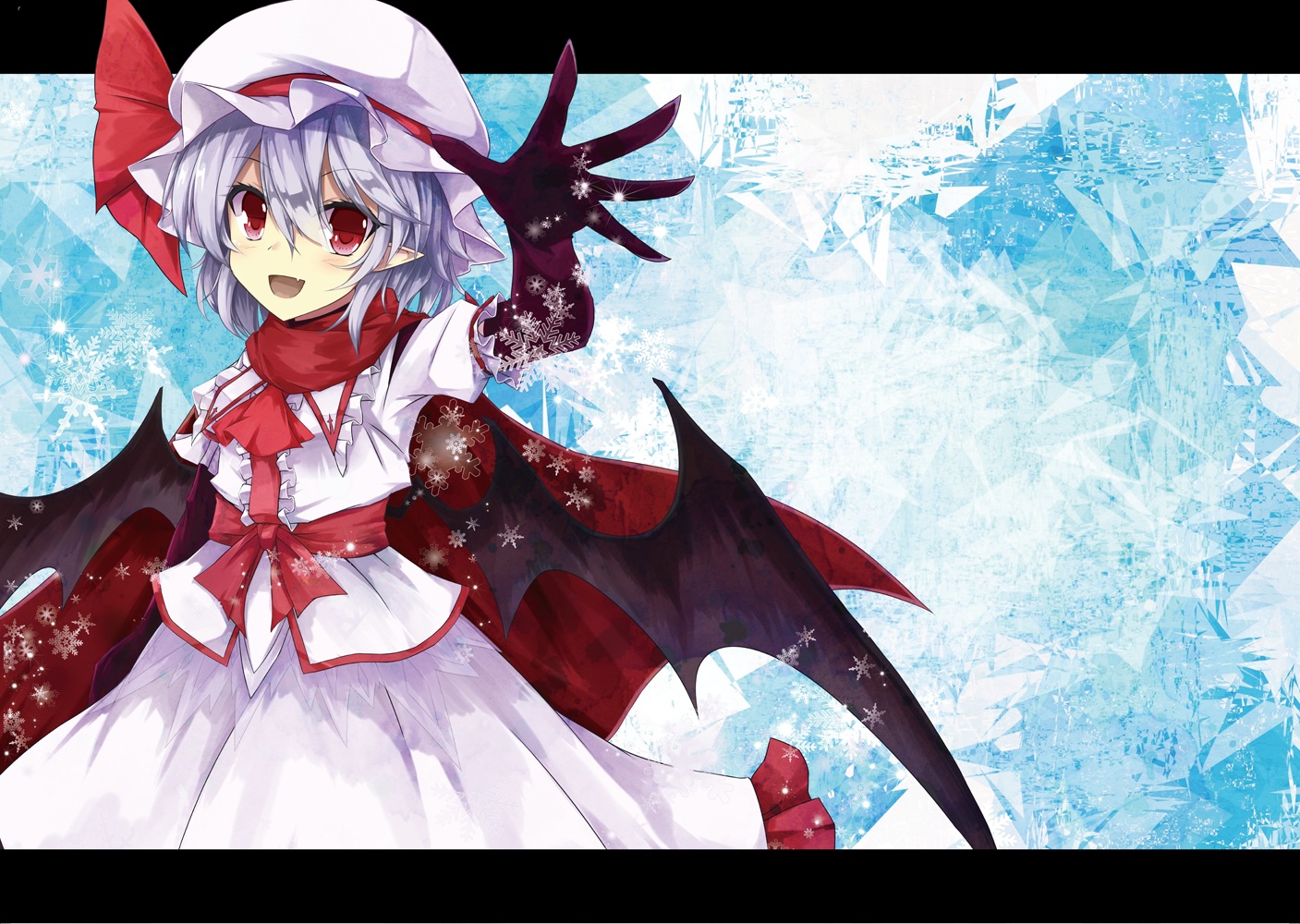 akisome_hatsuka, blue_hair, elbow_gloves, gloves, hat, pointed_ears, red_eyes, remilia_scarlet, touhou, vampire, wings