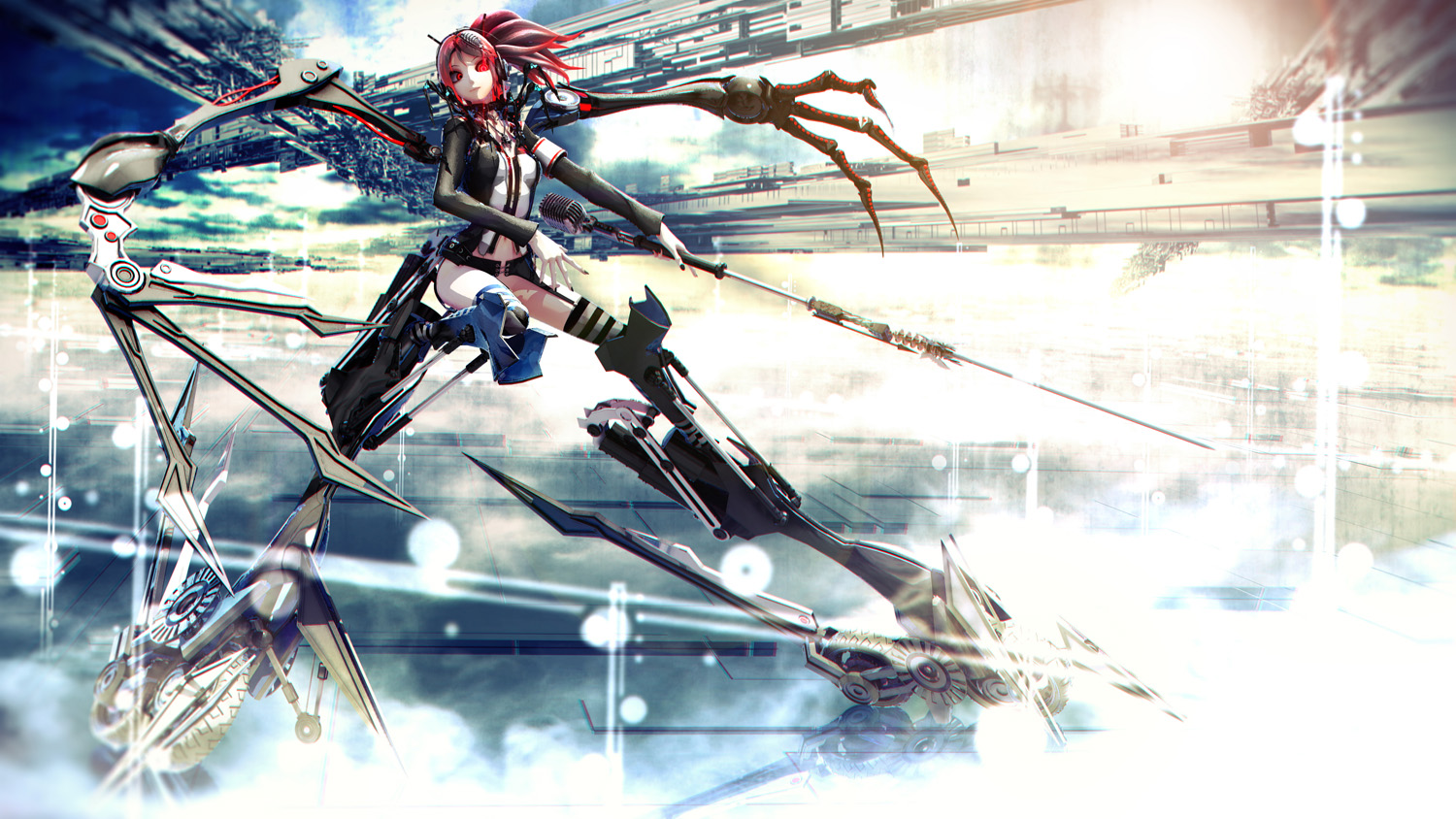 3d, cul, deino, microphone, ponytail, red_eyes, red_hair, robot