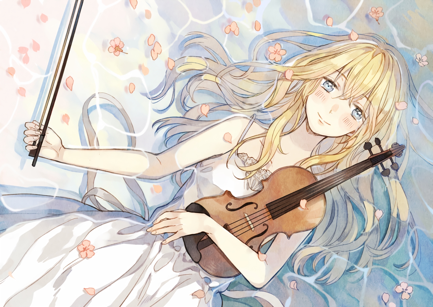 blonde_hair, blue_eyes, blush, crying, instrument, miyazono_kaori, petals, seuga, shigatsu_wa_kimi_no_uso, tears, violin, waifu2x, water