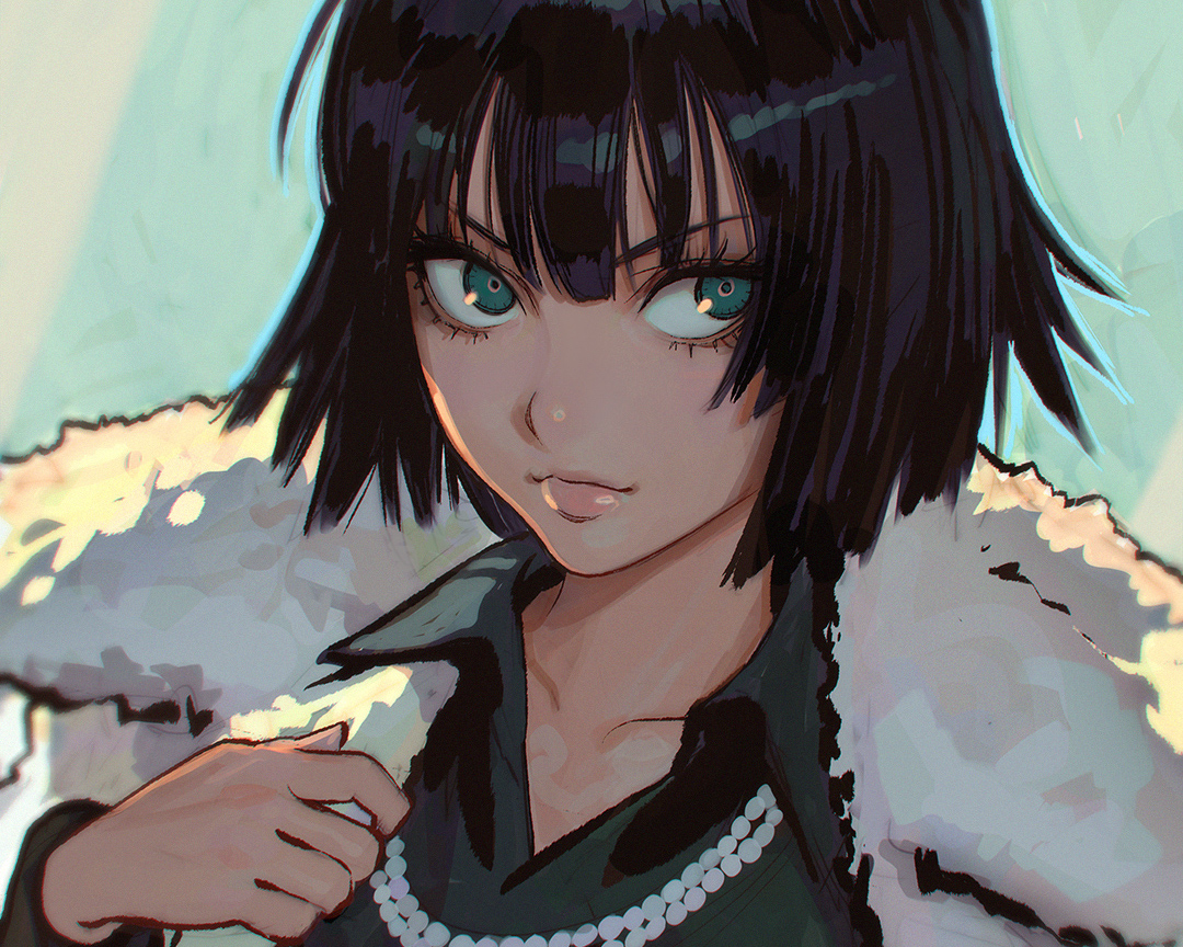 black_hair, cropped, fubuki_(onepunch_man), green_eyes, ilya_kuvshinov, necklace, onepunch_man, short_hair