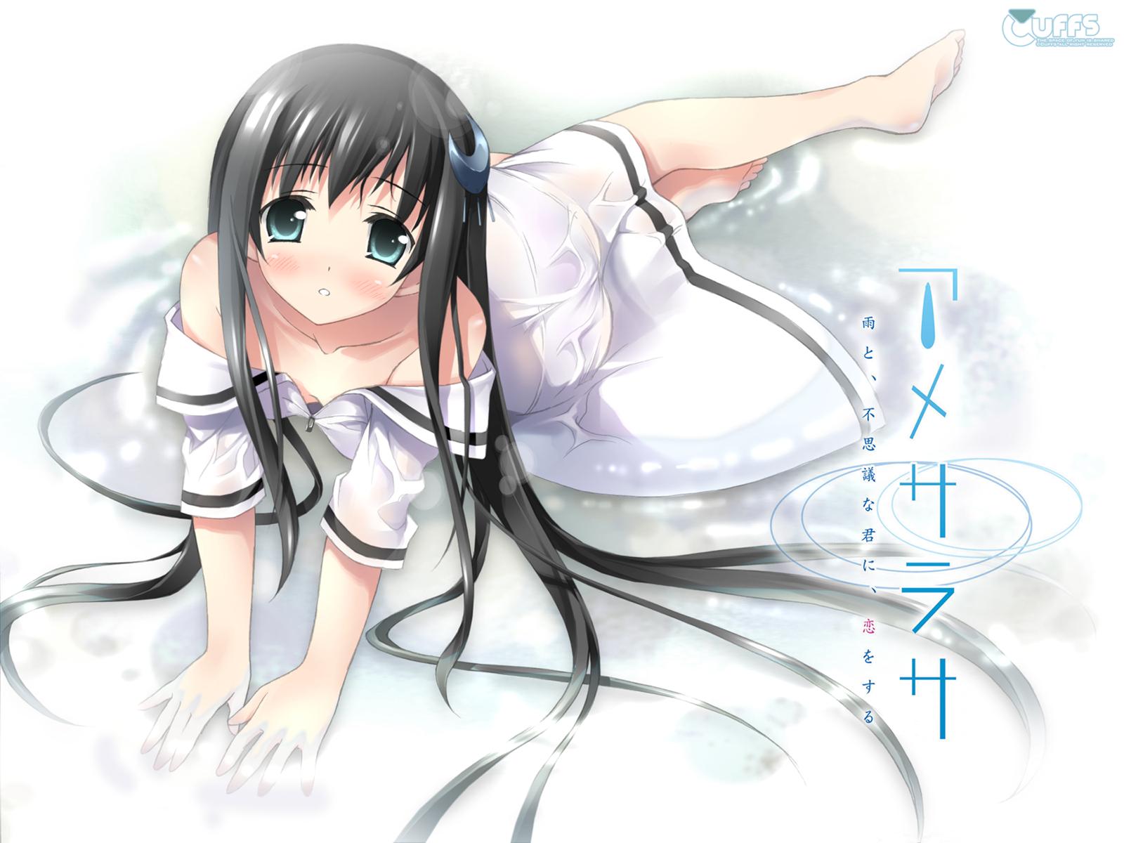 amesarasa, barefoot, black_hair, blush, chiyokawa_rin, cuffs_(studio), green_eyes, kantoku, long_hair, wet