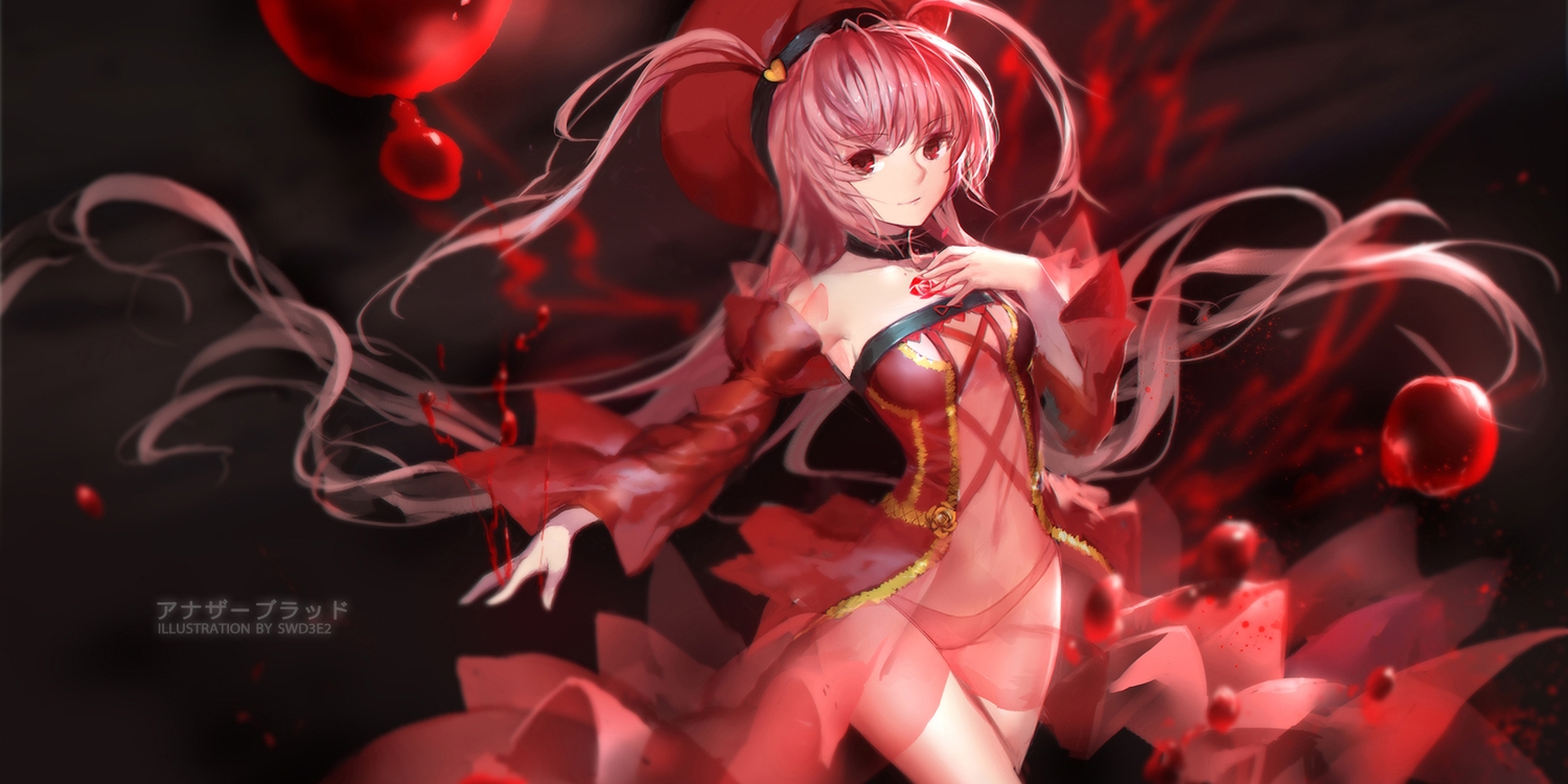 another_blood, blood, choker, demonbane, dress, hat, long_hair, m.u.g.e.n, panties, pink_hair, red_eyes, see_through, swd3e2, tattoo, twintails, underwear, watermark