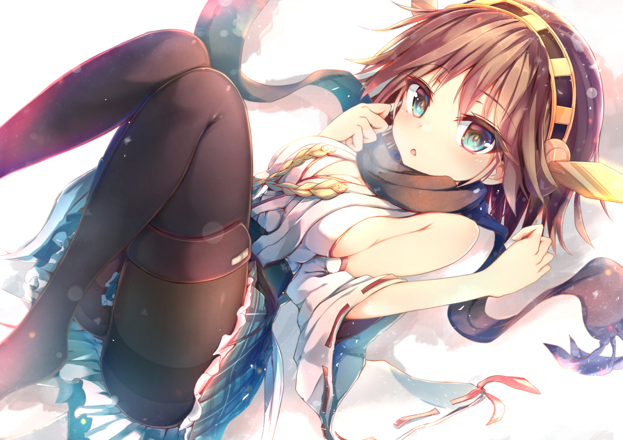 anthropomorphism, aqua_eyes, breasts, brown_hair, cleavage, headband, headdress, hiei_(kancolle), japanese_clothes, kantai_collection, pantyhose, scarf, short_hair, sideboob, skirt, sune_(mugendai)