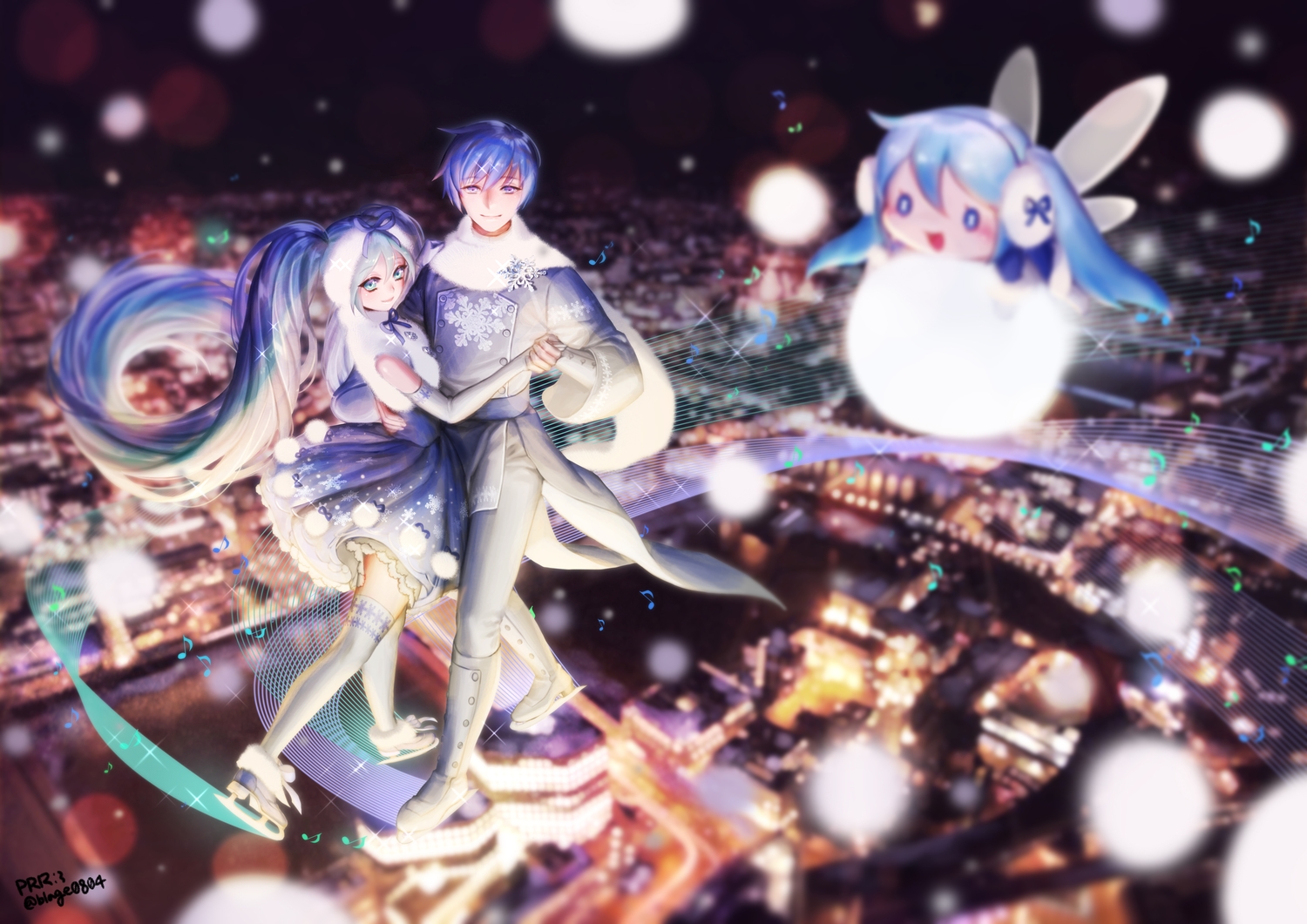 christmas, dress, hatsune_miku, kaito, male, prr, signed, thighhighs, vocaloid, wings, yuki_miku