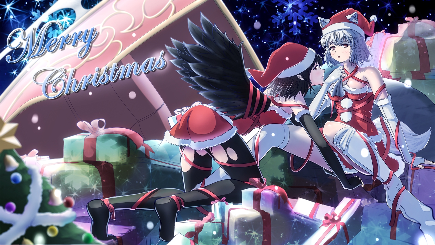 2girls, animal_ears, black_hair, breasts, christmas, cleavage, elbow_gloves, gloves, hat, inubashiri_momiji, marusan, pantyhose, ribbons, santa_costume, santa_hat, shameimaru_aya, short_hair, tail, thighhighs, torn_clothes, touhou, white_hair, wings, wolfgirl