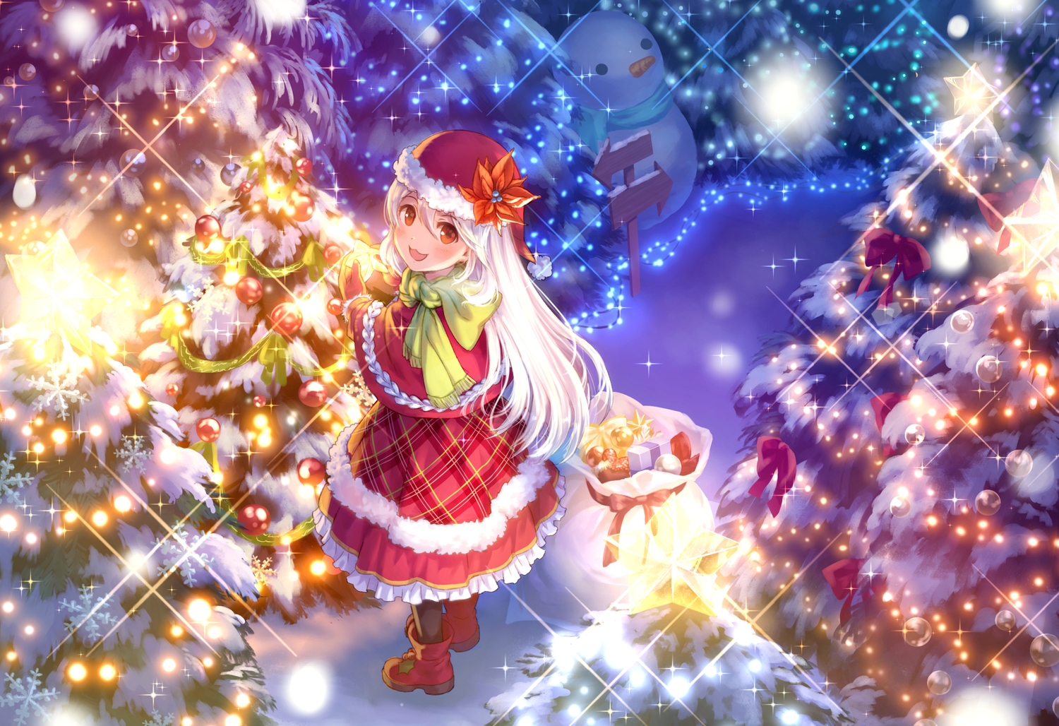 boots, cat_smile, christmas, hat, long_hair, maruyama-jp, orange_eyes, original, santa_costume, santa_hat, snow, snowman, tree, white_hair