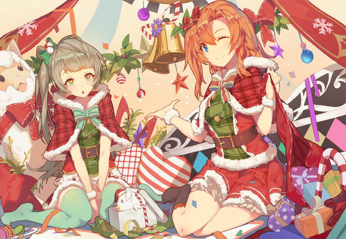 2girls, bell, christmas, gray_hair, kousaka_honoka, love_live!_school_idol_project, minami_kotori, orange_hair, santa_costume, socks, thighhighs, wink, yellow_eyes, zetlice