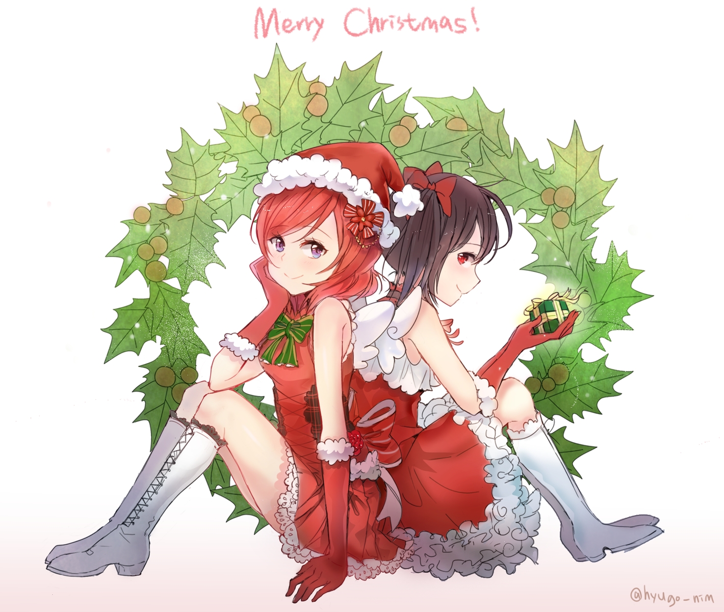 2girls, black_hair, boots, bow, christmas, elbow_gloves, gloves, hat
