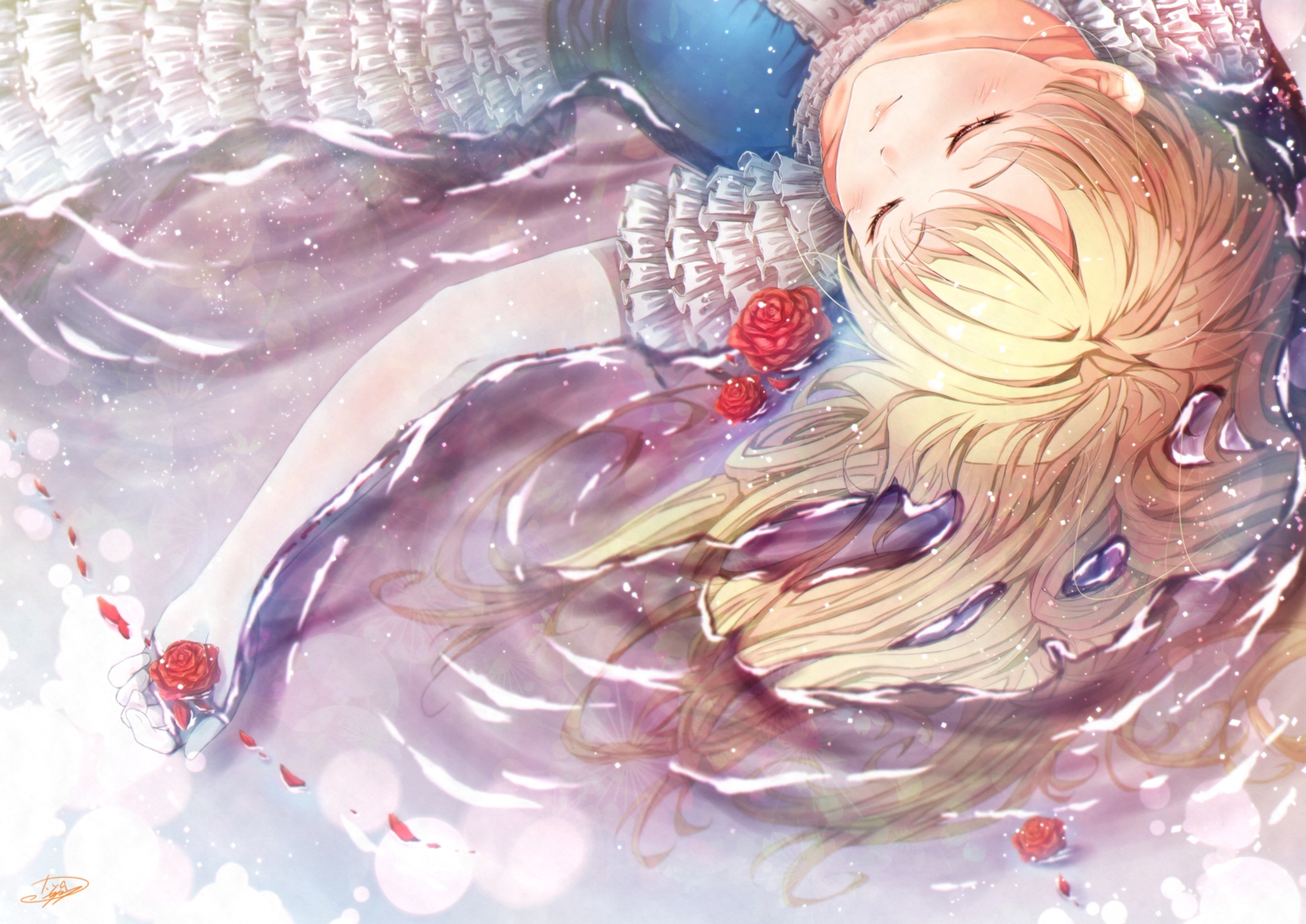 blonde_hair, cyanomirahi, dress, flowers, long_hair, original, signed, water