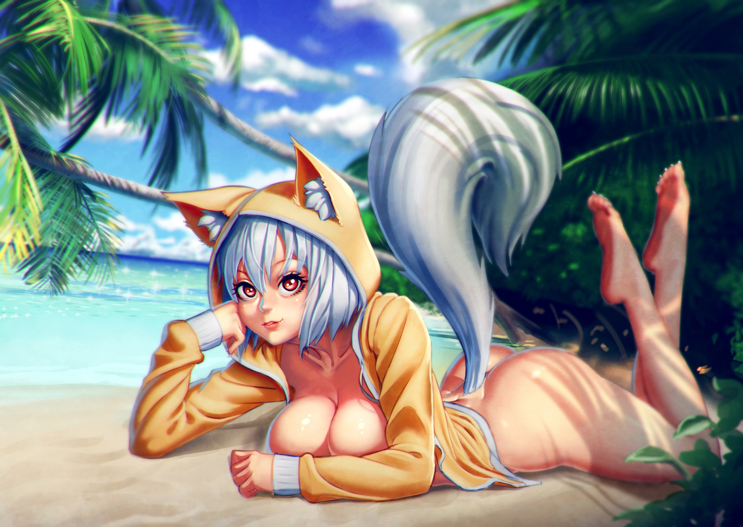 animal_ears, barefoot, beach, breasts, cleavage, hood, no_bra, original, red_eyes, short_hair, tail, xxnikichenxx