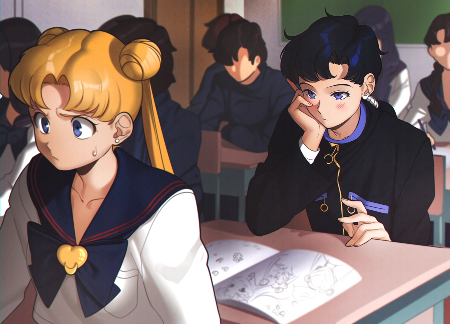 aconitea, black_hair, blonde_hair, blush, book, group, kou_seiya, sailor_moon, school_uniform, tsukino_usagi