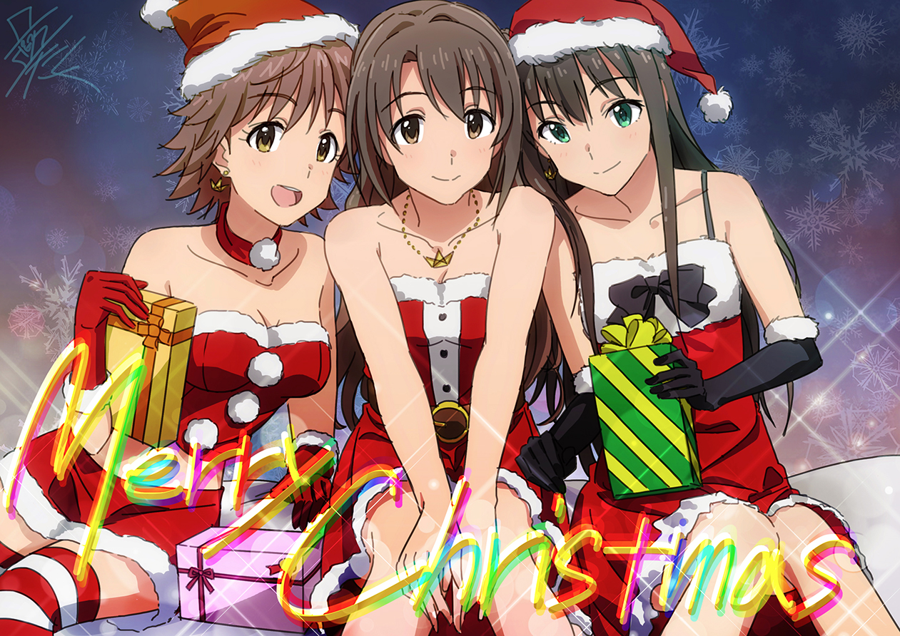 aqua_eyes, brown_eyes, brown_hair, choker, christmas, elbow_gloves, gloves, hat, honda_mio, idolmaster, idolmaster_cinderella_girls, long_hair, necklace, santa_hat, shibuya_rin, shimamura_uzuki, short_hair, taku1122, thighhighs