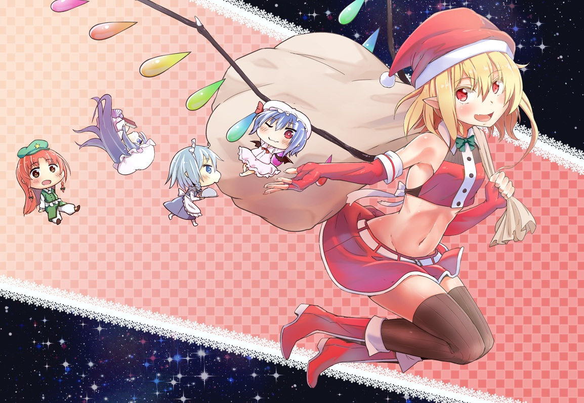 blonde_hair, boots, chibi, christmas, flandre_scarlet, hat, hong_meiling, izayoi_sakuya