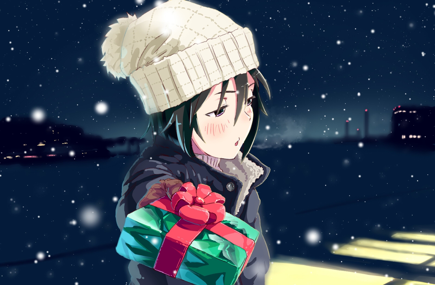 black_hair, blush, christmas, hat, idolmaster, jpeg_artifacts, kikuchi_makoto, night, snow, tadano_omake