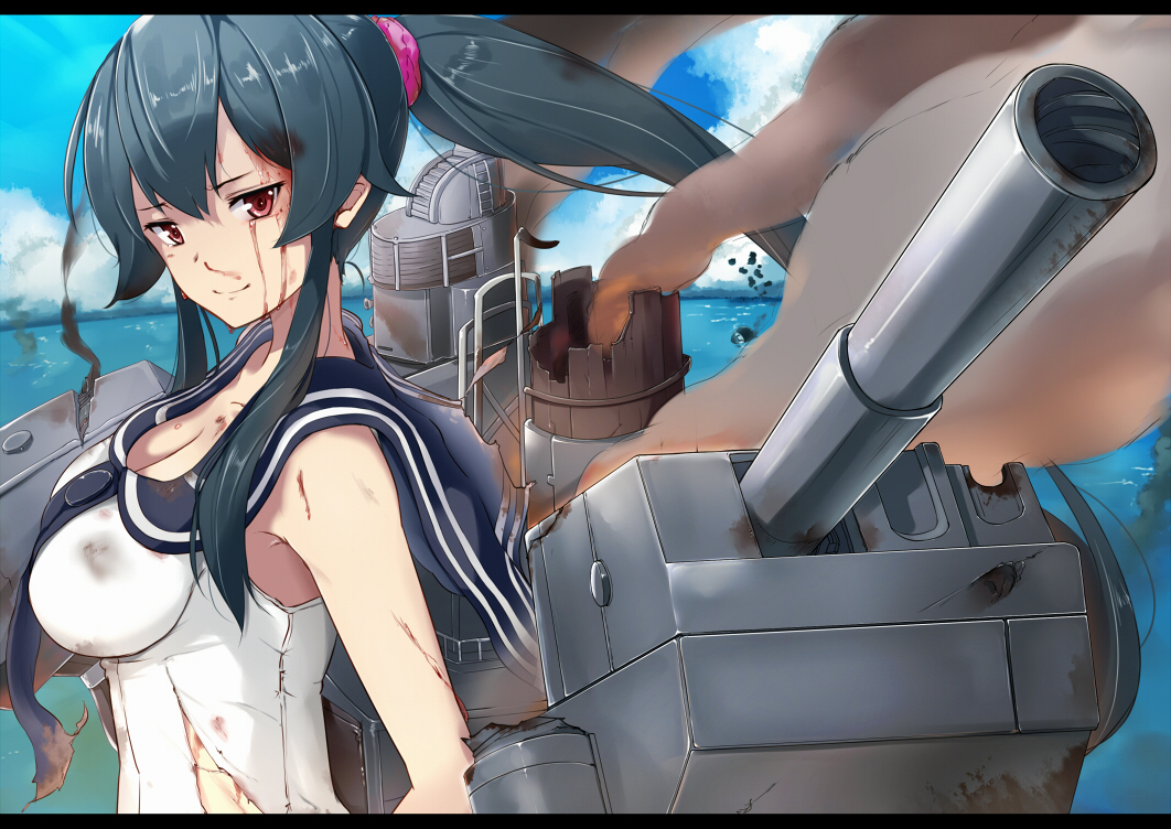 anthropomorphism, blood, breasts, cleavage, kantai_collection, long_hair, ponytail, red_eyes, sakamoto-cat, school_uniform, yahagi_(kancolle)