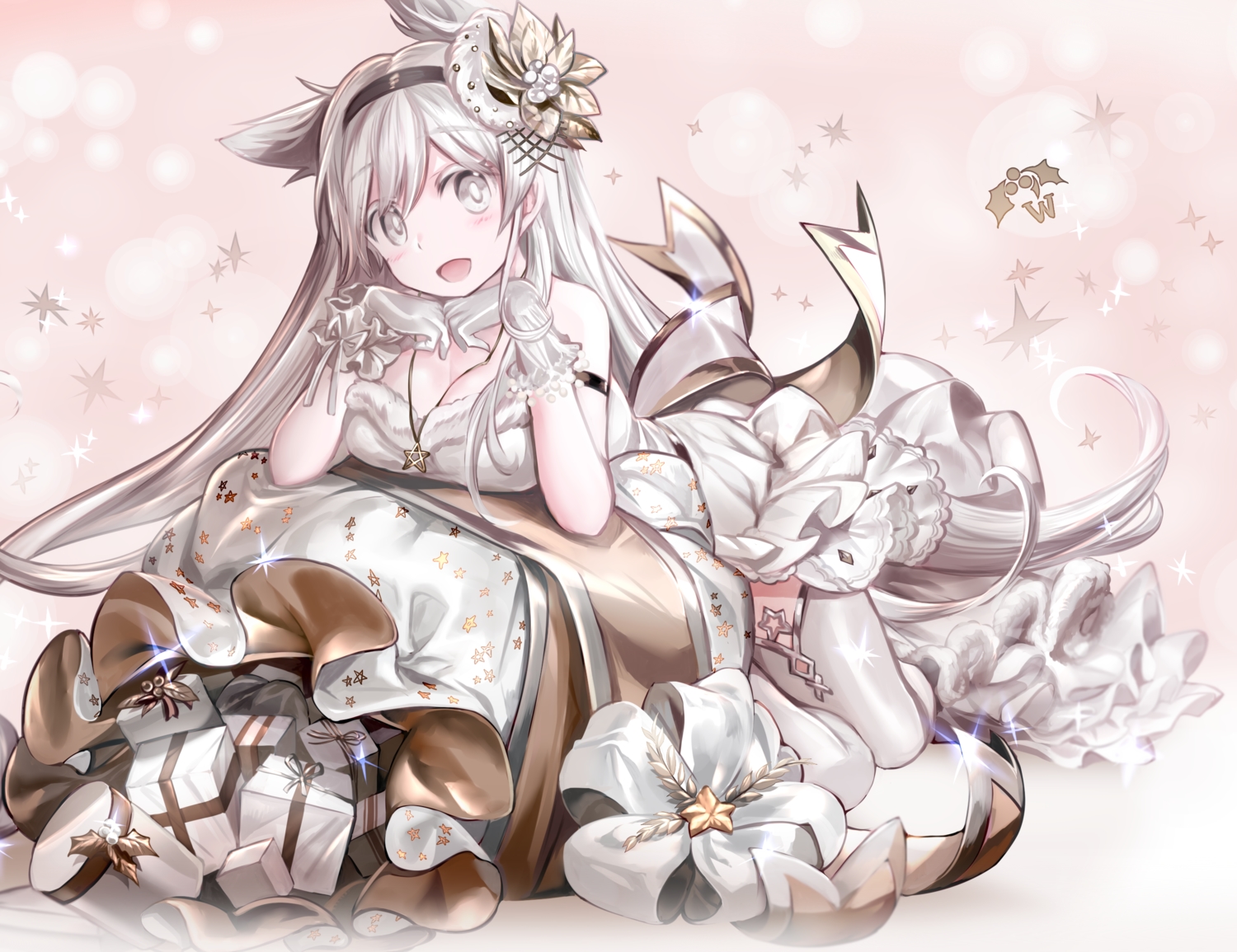 breasts, christmas, cleavage, dress, gloves, gray_eyes, gray_hair, headband