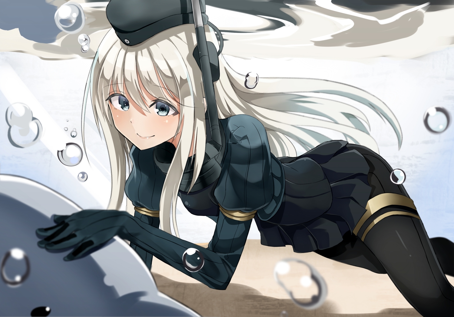animal, anthropomorphism, bubbles, dolphin, gray_eyes, hat, kantai_collection, long_hair, ro-500_(kancolle), shirousa, u-511_(kancolle), underwater, water, white_hair