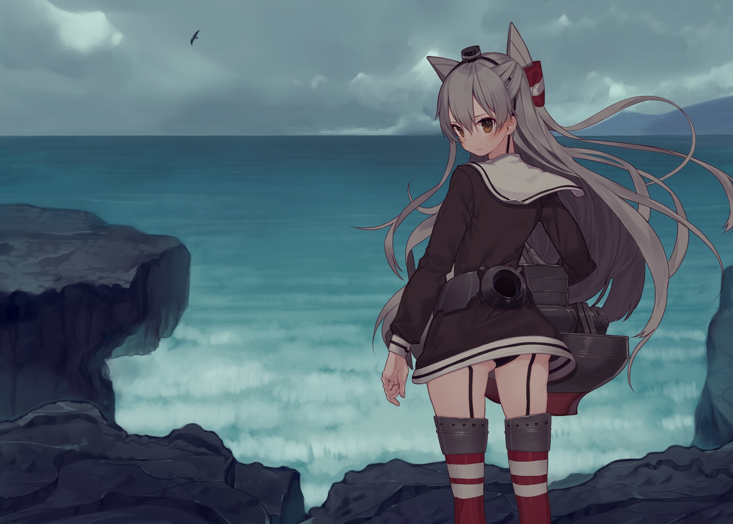 amatsukaze_(kancolle), anthropomorphism, ass, clouds, gray_hair, kantai_collection, long_hair, misoni_comi, panties, school_uniform, thighhighs, twintails, underwear, water