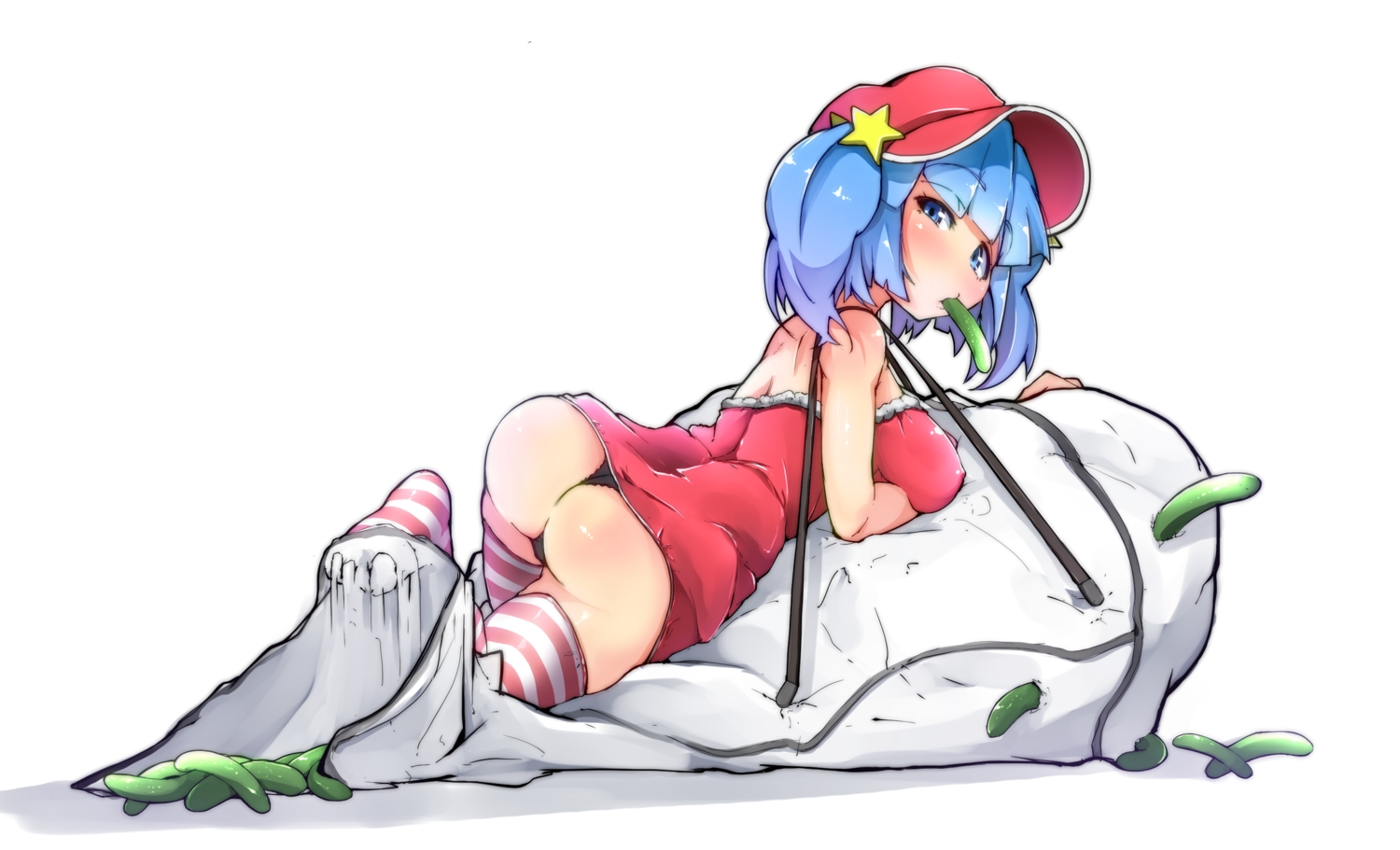 ass, blue_hair, blush, flanvia, food, hat, kawashiro_nitori, panties, thighhighs, touhou, twintails, underwear, white