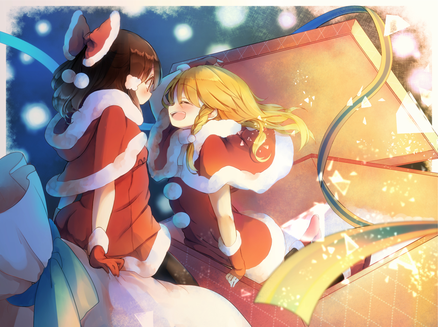 2girls, blonde_hair, blush, bow, brown_hair, christmas, gloves, hakurei_reimu