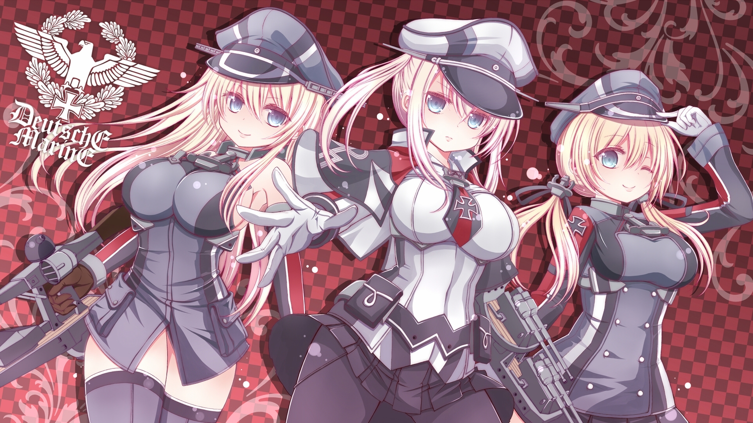 aliasing, anthropomorphism, bismarck_(kancolle), blonde_hair, blue_eyes, breasts, graf_zeppelin_(kancolle), hat, kantai_collection, nejiki_rio, pantyhose, prinz_eugen_(kancolle), skirt, thighhighs, twintails, uniform, weapon, wink
