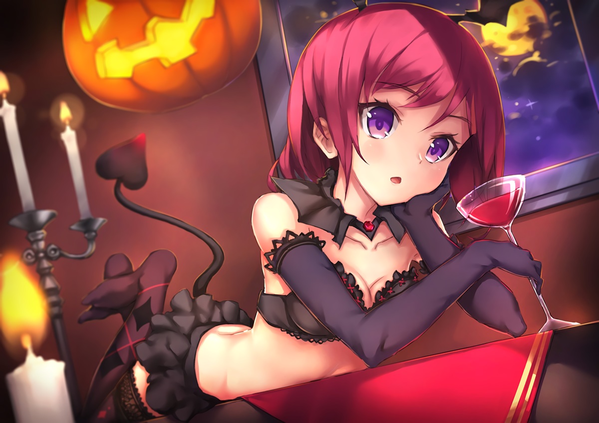bikini_top, collar, demon, drink, elbow_gloves, gloves, halloween, horns, love_live!_school_idol_project, nishikino_maki, parfaitlate, pumpkin, purple_eyes, red_hair, skirt, tail, thighhighs