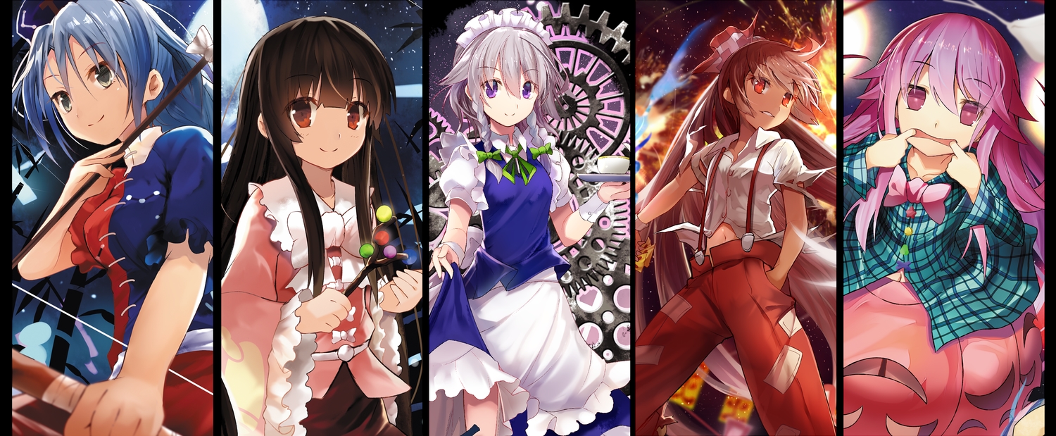 aliasing, blue_hair, brown_hair, efe, fire, fujiwara_no_mokou, gray_eyes, gray_hair