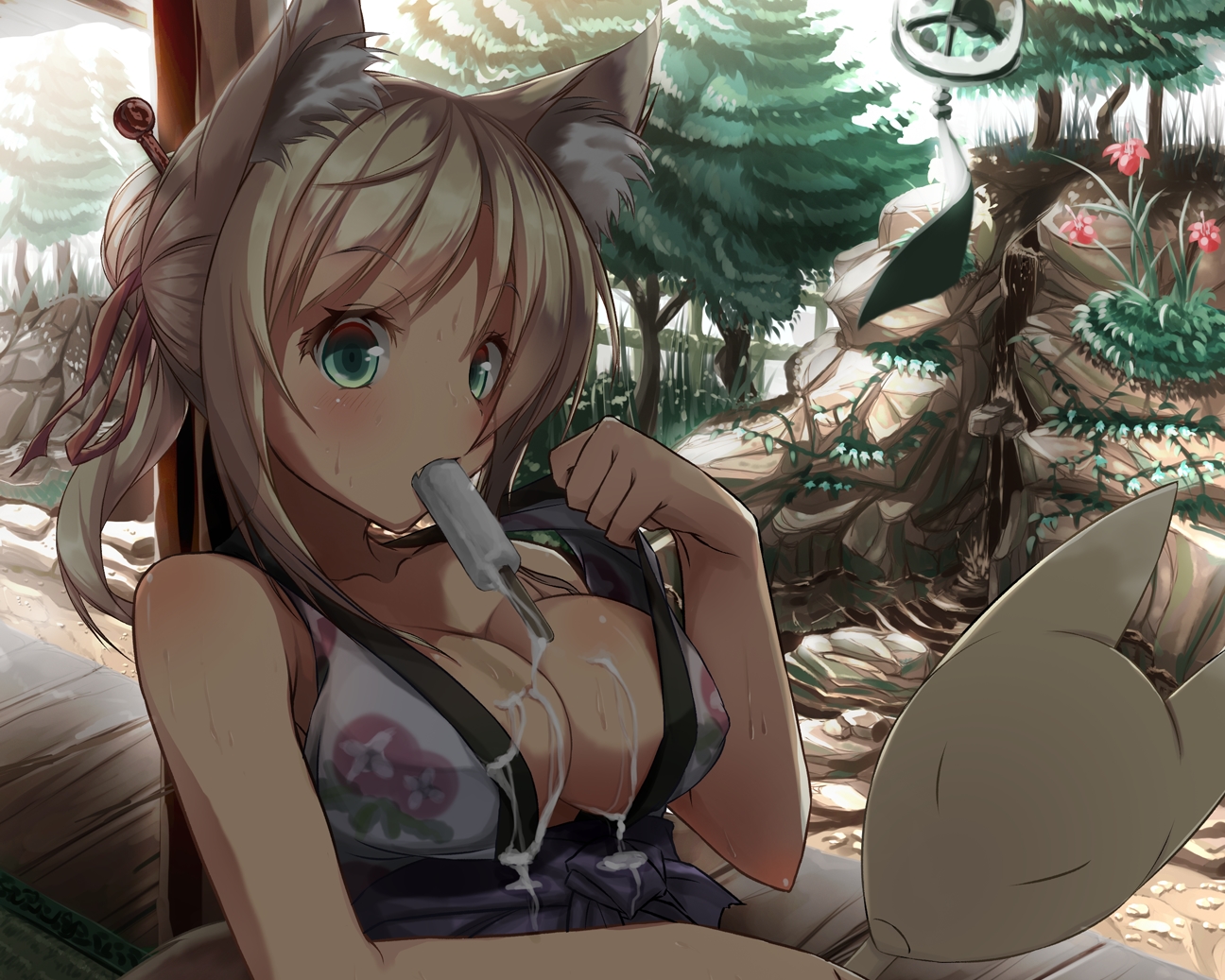 animal_ears, blonde_hair, breasts, cleavage, cropped, dog_days, fang, food, foxgirl, green_eyes, ice_cream, japanese_clothes, re:n_ne, ribbons, shade, shirt_lift, tree, yukikaze_panettone