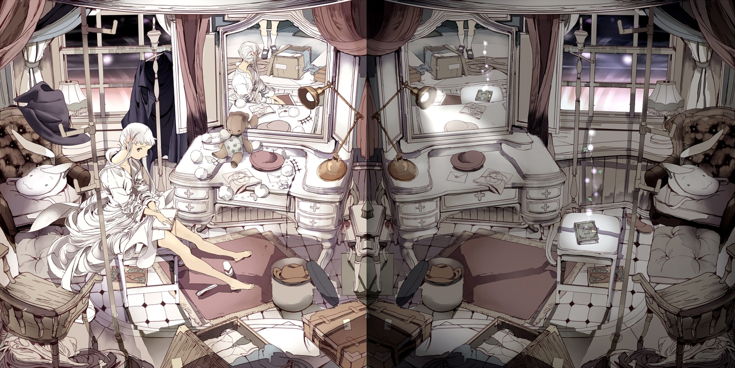 aliasing, barefoot, edoya_inuhachi, fantasista_doll, long_hair, mirror, reflection, teddy_bear, white_hair